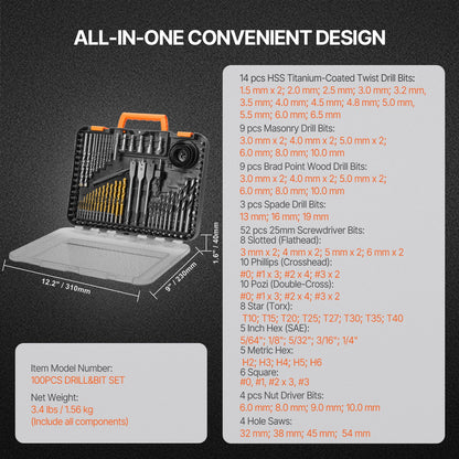 Drill Bit Set 100 Pcs Screwdriver Bit Set with Carrying Case Multifunction