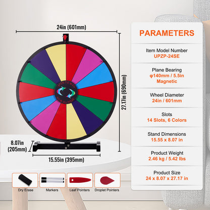 24 tums snurrande prishjul, 14 spelautomater bordsspinnare, kraftigt roulettehjul med torr radering och 2 markörer, vinn Fortune Spin-spel i Party Pub Trade Show Carnival