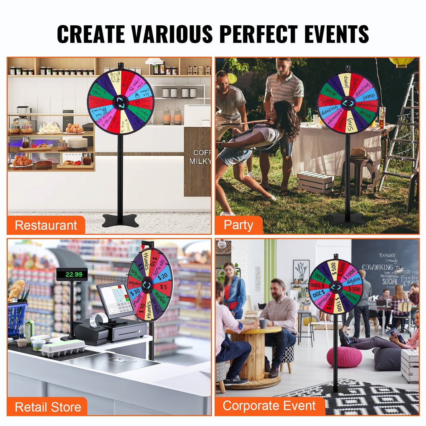 24-tums snurrande prishjul, 14 spelautomater, rouletthjul med torr radering och 2 markörer, bordsskiva eller golvstående Vinn Fortune Spin-spel i Party Pub Trade Show Carnival
