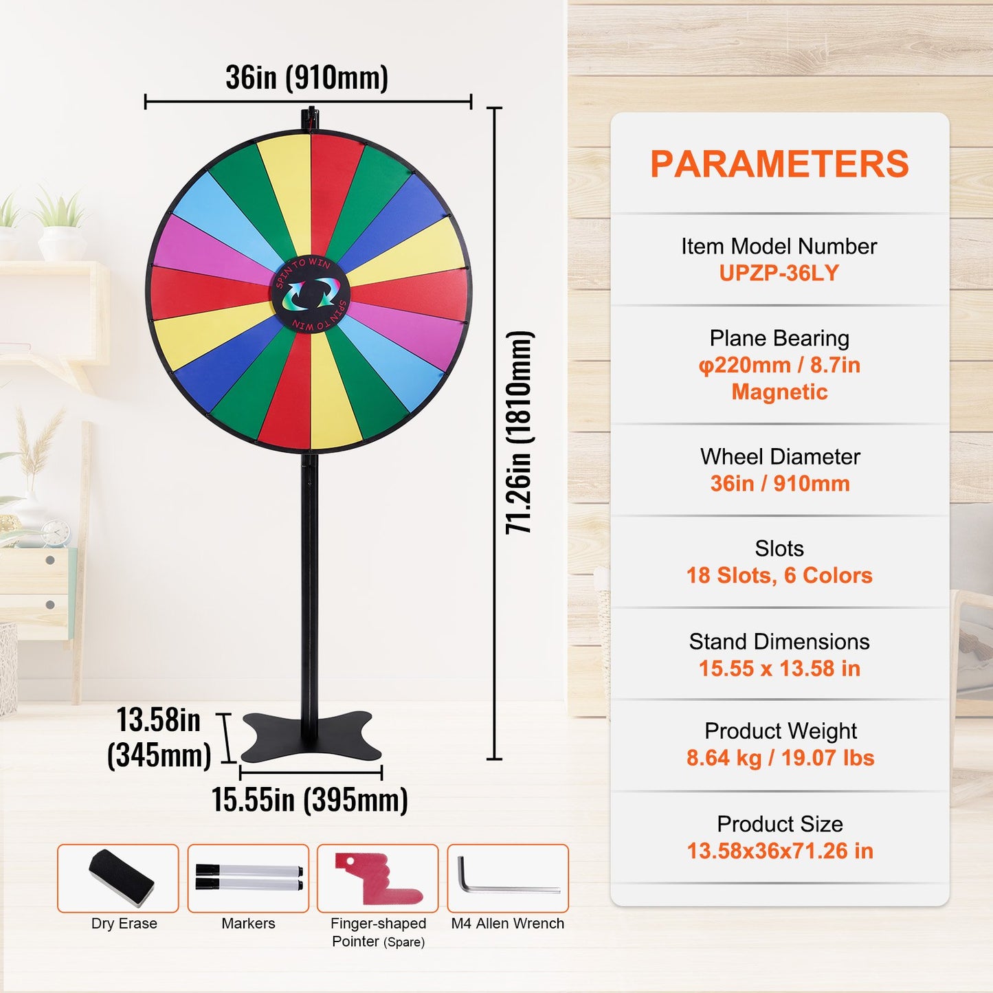 36 tums snurrande prishjul, 18 spelautomater, rouletthjul med torr radering och 2 markörer, bordsskiva eller golvstående Vinn Fortune Spin-spel i Party Pub Trade Show Carnival