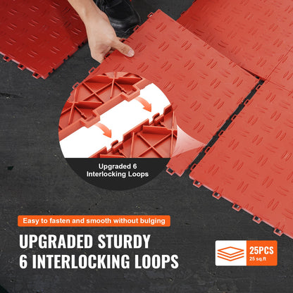 Garage Tiles Interlocking, 12 x 12 x 0.53 Inch 25-Pack Garage Floor Tiles, Non-Slip Double-Sided Texture Garage Floor Tiles, for Garages, Basements, Repair Shops, Red