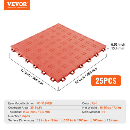 Garage Tiles Interlocking, 12 x 12 x 0.53 Inch 25-Pack Garage Floor Tiles, Non-Slip Double-Sided Texture Garage Floor Tiles, for Garages, Basements, Repair Shops, Red