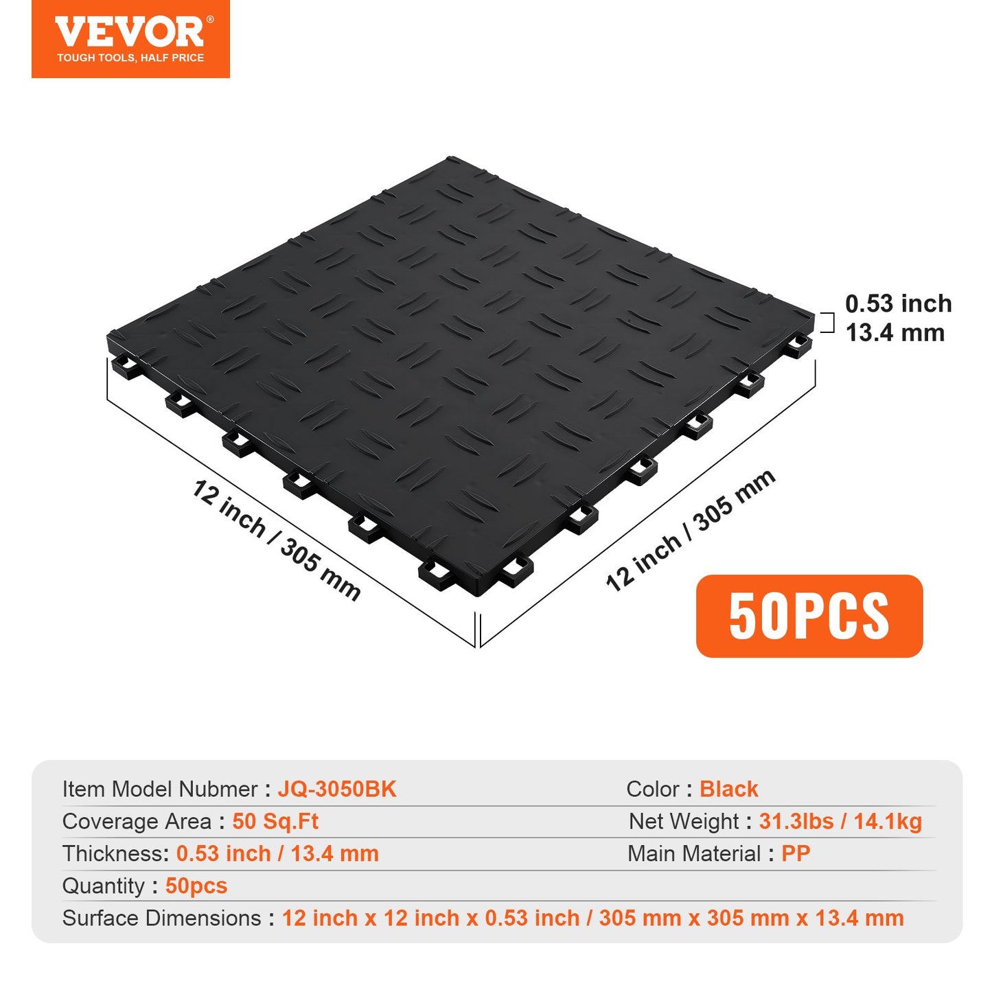 Garageplattor sammankopplade, 12 x 12 x 0,53 tum 50-pack garagegolvplattor, halkfria dubbelsidiga texturer för garagegolv, för garage, källare, reparationsverkstäder, svart