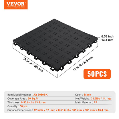 Garageplattor sammankopplade, 12 x 12 x 0,53 tum 50-pack garagegolvplattor, halkfria dubbelsidiga texturer för garagegolv, för garage, källare, reparationsverkstäder, svart