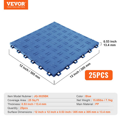 Ineinander greifende Garagenfliesen, 12 x 12 x 0,53 Zoll, 25er-Pack Garagenbodenfliesen, rutschfester, doppelseitiger, strukturierter Garagenbodenbelag, für Garagen, Keller, Reparaturwerkstätten, Blau