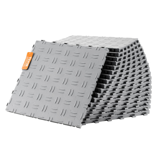 Garageplattor sammankopplade, 12 x 12 x 0,53 tum 25-pack garagegolvplattor, halkfria dubbelsidiga texturer för garagegolv, för garage, källare, reparationsverkstäder, silver