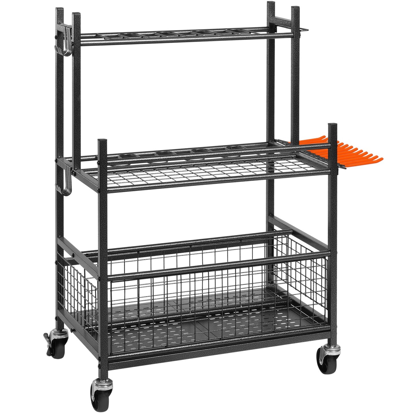 Trädgårdsredskapsarrangör, 16 platser med krokar, gårdsredskapstornställ med hjul för garageorganisation och förvaring, Hålla långskaftade verktyg/krata/kvast, metallverktygsställ för skjul, utomhus
