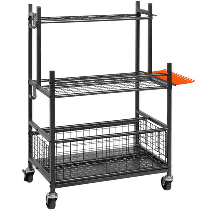 Trädgårdsredskapsarrangör, 16 platser med krokar, gårdsredskapstornställ med hjul för garageorganisation och förvaring, Hålla långskaftade verktyg/krata/kvast, metallverktygsställ för skjul, utomhus