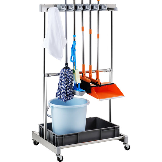 Garden Tool Organizer, 10 Slots with Hooks, Yard Tool Tower Rack with Wheels for Garage Organization and Storage, Hold Long Handled Tools/Rake/Broom, Metal Tool Rack for Shed, Outdoor