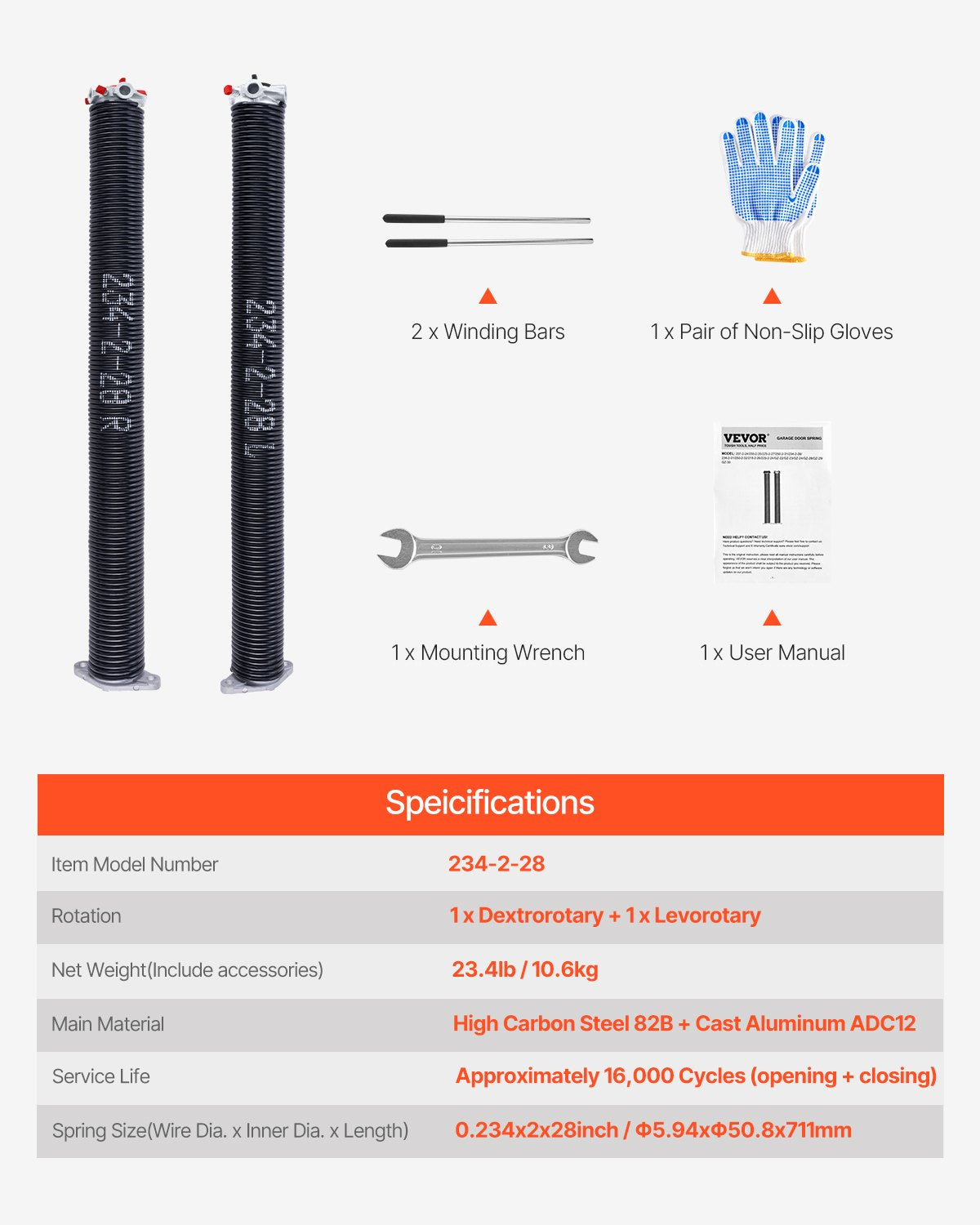 Garage Door Torsion Springs Pair 0.234 x 2 x 28 Inch with Winding Bars