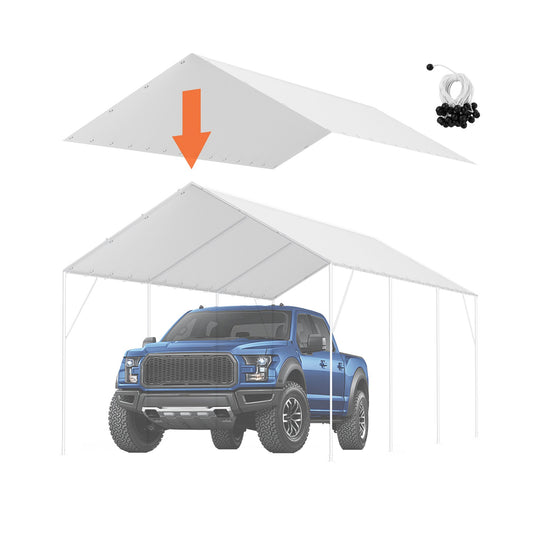 3 x 6 m Carport-Ersatzabdeckung, Schutzplane für Garagendachzelte, strapazierfähig, wasserdicht und UV-geschützt, einfache Installation mit 40 Gummispannern (nur obere Abdeckung, Rahmen nicht im Lieferumfang enthalten), weiß