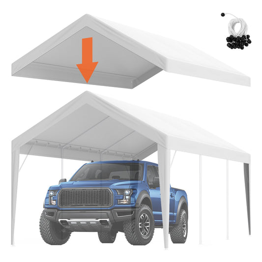 Carport-Ersatzüberdachung 6100 x 3040 mm, Garagendachzelt-Schutzplane, strapazierfähig, wasserdicht und UV-geschützt, einfache Installation mit Kugelspannern, weiß (nur obere Abdeckung, Rahmen nicht im Lieferumfang enthalten)