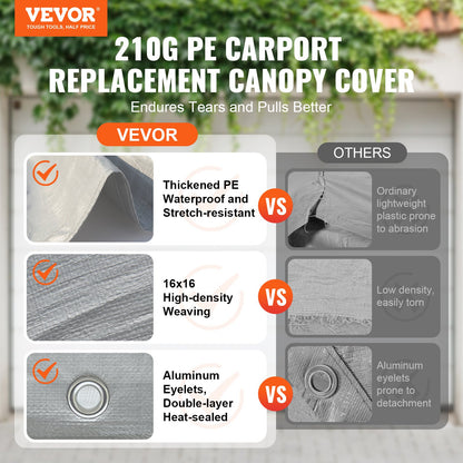 Carport Replacement Canopy Cover 6100 x 3040 mm Garage Top Tent Shelter Tarp Heavy Duty Waterproof &amp; UV Protected, Easy Installation with Ball Pants, Grey (Top Cover Only, Frame Not Included)