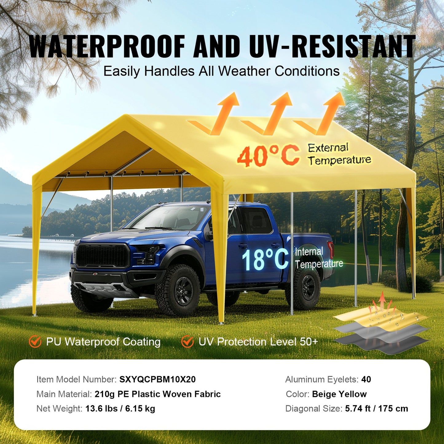 Carport Ersättningskapell överdrag 10 x 20 fot, Garage Top Tält Shelter Tarp Heavy-Duty Vattentät & UV-skyddad, Enkel installation med Ball Bungees, Beige (Endast topplock, ram ingår inte)
