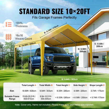 Carport Ersättningskapell överdrag 10 x 20 fot, Garage Top Tält Shelter Tarp Heavy-Duty Vattentät & UV-skyddad, Enkel installation med Ball Bungees, Beige (Endast topplock, ram ingår inte)