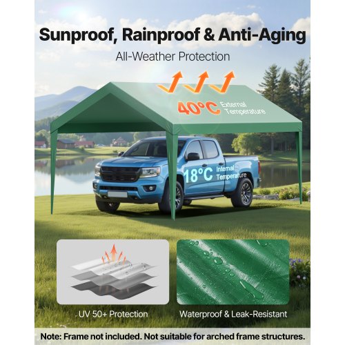 Carport-reservtak, 3 x 6 m dricksskyddad presenning för garage, UV-resistent och vattentät presenning för biltält, kraftigt bilportsskydd med bollvagnar, mörkgrön, ram ingår ej |  EU