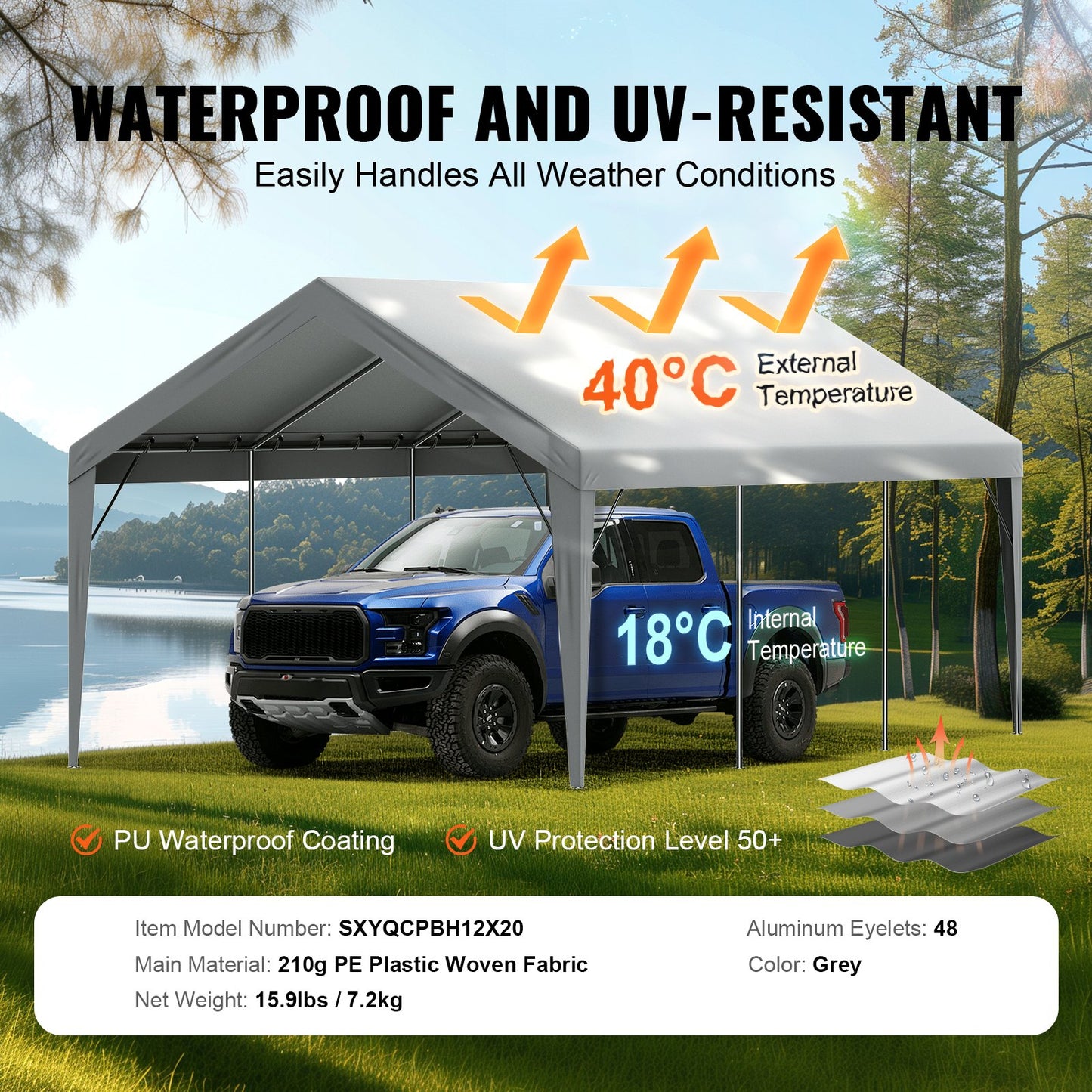 Carport Ersättningskapell överdrag 12 x 20 fot, Garage Top Tält Shelter Tarp Heavy-Duty Vattentät & UV-skyddad, Enkel installation med Ball Bungees, Grå (Endast topplock, ram ingår inte)