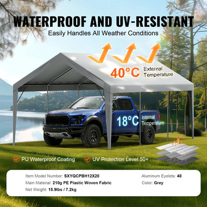Carport Ersättningskapell överdrag 12 x 20 fot, Garage Top Tält Shelter Tarp Heavy-Duty Vattentät & UV-skyddad, Enkel installation med Ball Bungees, Grå (Endast topplock, ram ingår inte)