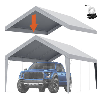 Carport Ersättningskapell överdrag 12 x 20 fot, Garage Top Tält Shelter Tarp Heavy-Duty Vattentät & UV-skyddad, Enkel installation med Ball Bungees, Grå (Endast topplock, ram ingår inte)