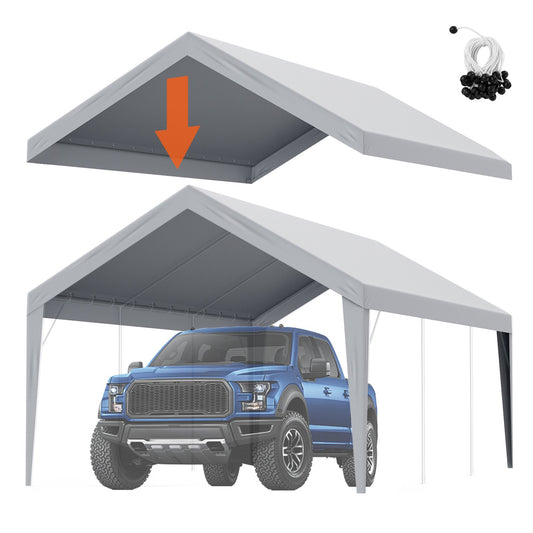 Carport Ersättningskapell överdrag 12 x 20 fot, Garage Top Tält Shelter Tarp Heavy-Duty Vattentät & UV-skyddad, Enkel installation med Ball Bungees, Grå (Endast topplock, ram ingår inte)