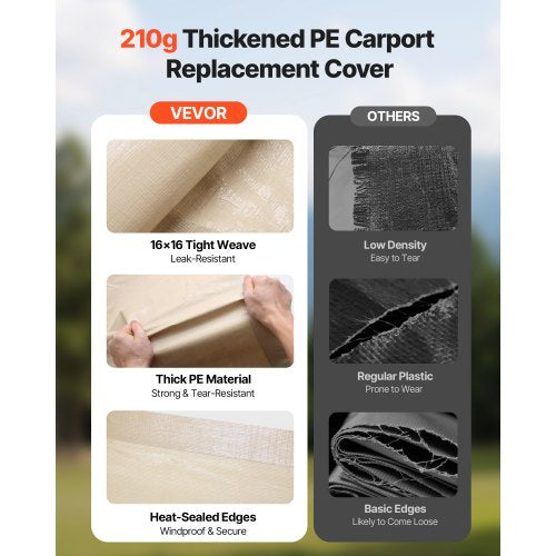 Carport-reservtak, 3,6 x 6 m dricksskyddad presenning för garage, UV-resistent och vattentät bilskyddspresenning, kraftigt bilportsskydd med bollvagnar, beige, ram ingår ej |  EU