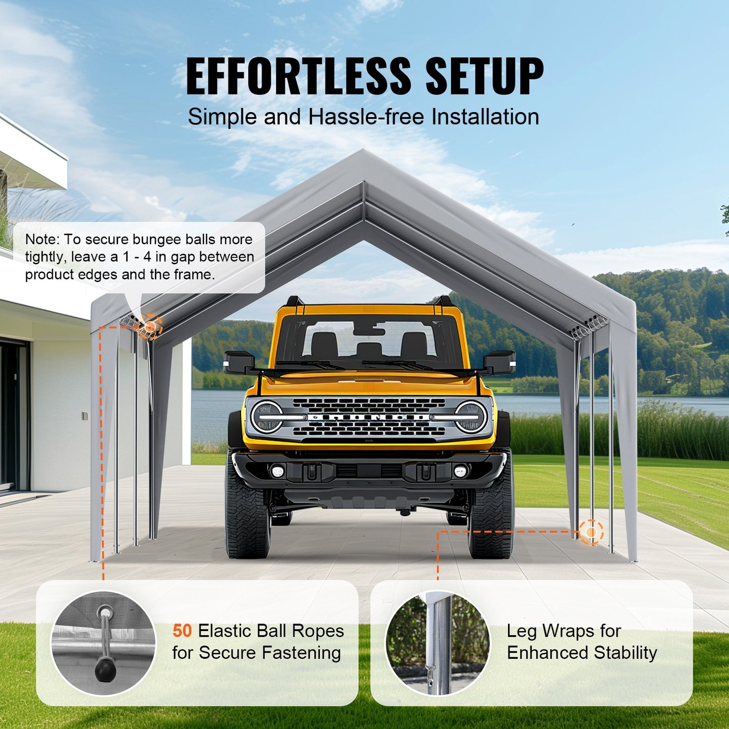 Carport-Ersatzüberdachung, 3,9 x 6,1 m, Garagendachzelt, strapazierfähig, wasserdicht und UV-geschützt, einfache Installation mit Kugelspanngurten, grau (nur obere Abdeckung, Rahmen nicht im Lieferumfang enthalten)