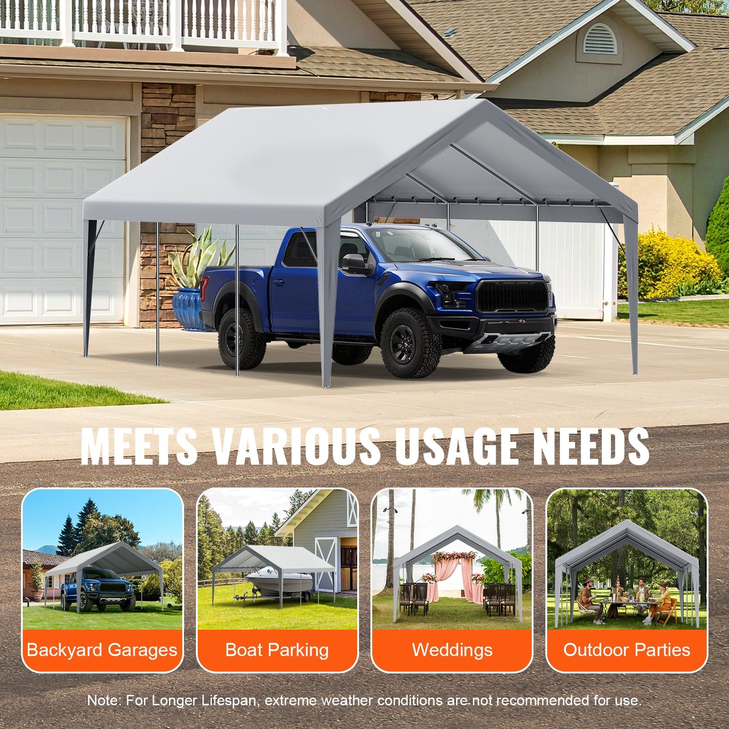 Carport-Ersatzüberdachung, 3,9 x 6,1 m, Garagendachzelt, strapazierfähig, wasserdicht und UV-geschützt, einfache Installation mit Kugelspanngurten, grau (nur obere Abdeckung, Rahmen nicht im Lieferumfang enthalten)