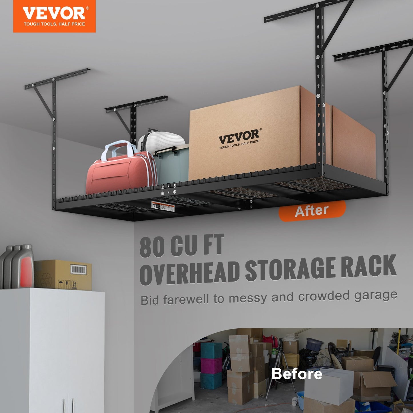 Überkopf-Garagenregal, 91,4 x 243,8 cm Deckenregal für die Garage, robuste, verstellbare Regale aus kaltgewalztem Stahl für die Garagenlagerung, Organisation, Tragkraft 271,4 kg, 56–101,6 cm, Schwarz