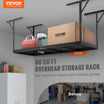 Überkopf-Garagenregal, 91,4 x 243,8 cm Deckenregal für die Garage, robuste, verstellbare Regale aus kaltgewalztem Stahl für die Garagenlagerung, Organisation, Tragkraft 271,4 kg, 56–101,6 cm, Schwarz