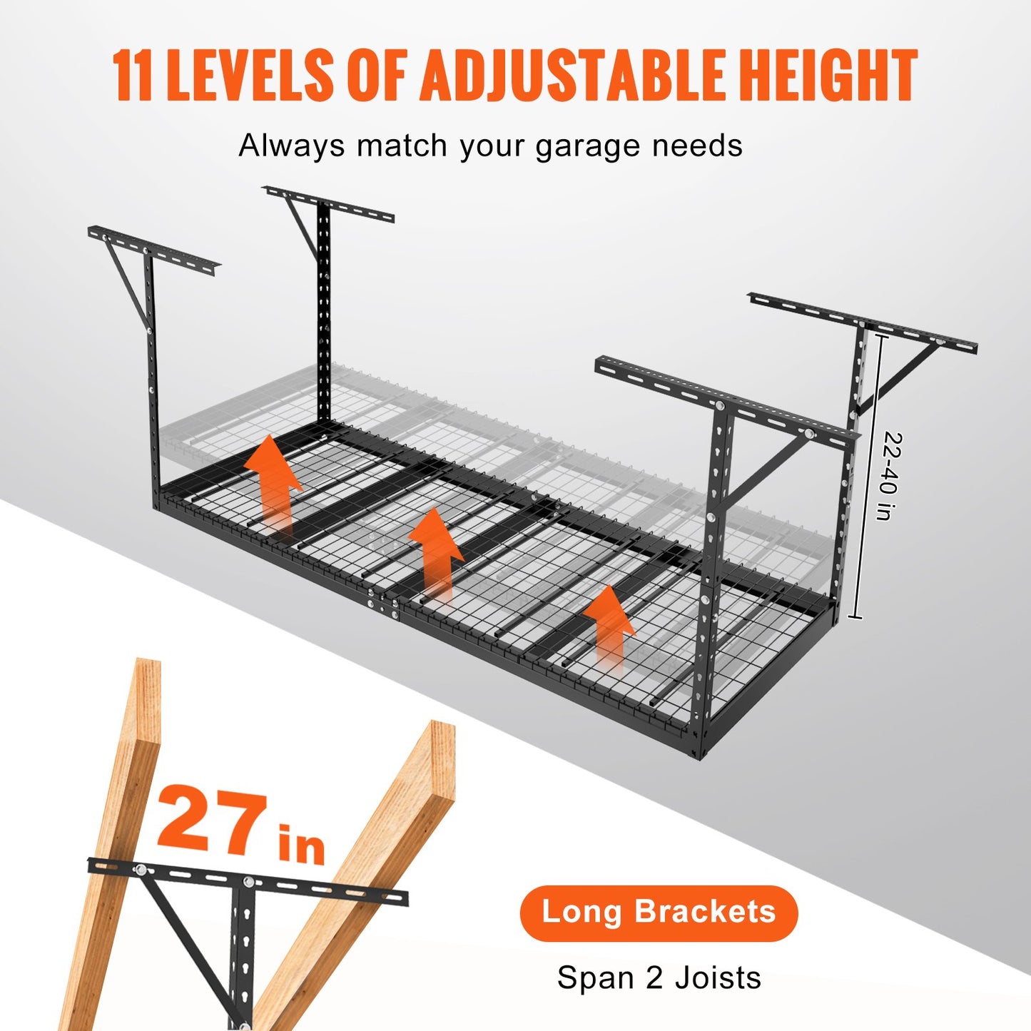 Überkopf-Garagenregal, 91,4 x 243,8 cm Deckenregal für die Garage, robuste, verstellbare Regale aus kaltgewalztem Stahl für die Garagenlagerung, Organisation, Tragkraft 271,4 kg, 56–101,6 cm, Schwarz