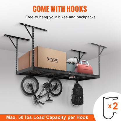 Überkopf-Garagenregal, 91,4 x 243,8 cm Deckenregal für die Garage, robuste, verstellbare Regale aus kaltgewalztem Stahl für die Garagenlagerung, Organisation, Tragkraft 271,4 kg, 56–101,6 cm, Schwarz