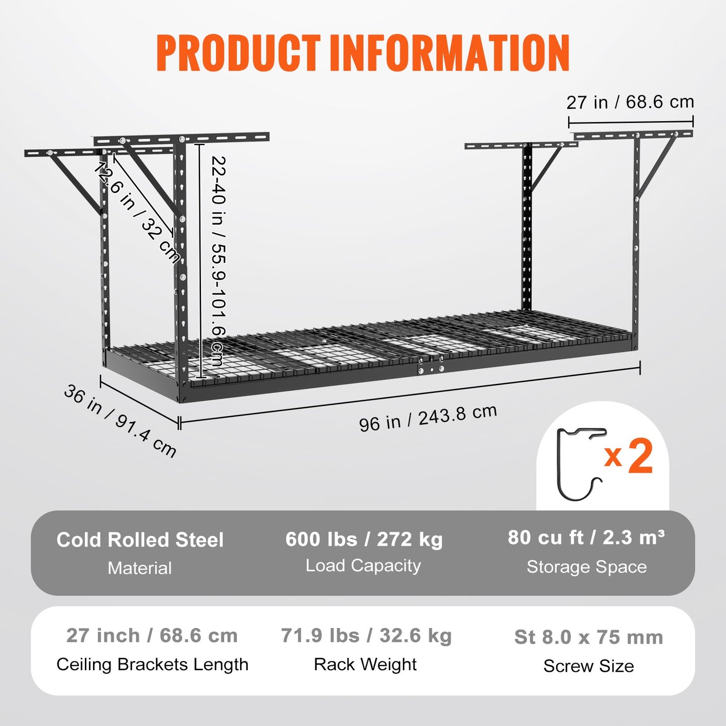 Überkopf-Garagenregal, 91,4 x 243,8 cm Deckenregal für die Garage, robuste, verstellbare Regale aus kaltgewalztem Stahl für die Garagenlagerung, Organisation, Tragkraft 271,4 kg, 56–101,6 cm, Schwarz