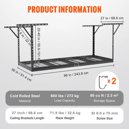 Überkopf-Garagenregal, 91,4 x 243,8 cm Deckenregal für die Garage, robuste, verstellbare Regale aus kaltgewalztem Stahl für die Garagenlagerung, Organisation, Tragkraft 271,4 kg, 56–101,6 cm, Schwarz