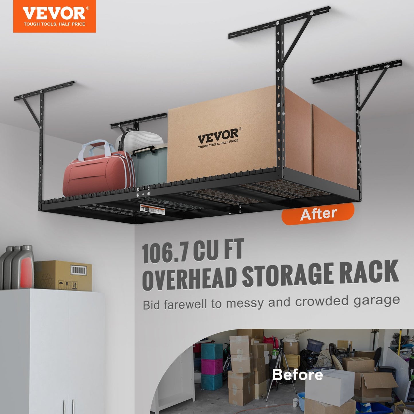 Überkopf-Garagenregal, 48 x 96 Zoll Decken-Lagerregal für die Garage, robuste, verstellbare Regale aus kaltgewalztem Stahl für die Garagenlagerung, Organisation, Tragkraft 600 lbs, 22''-40'', Schwarz