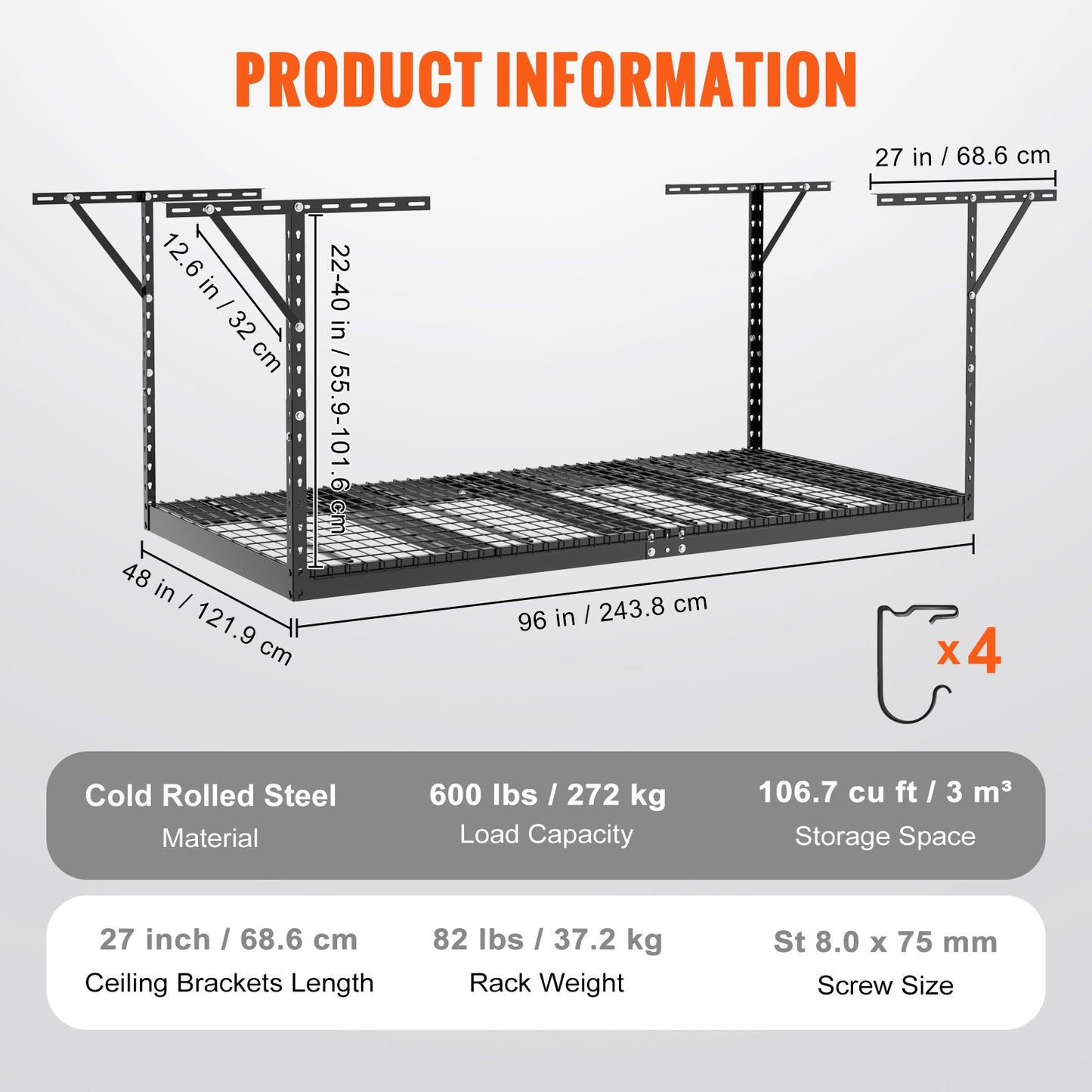 Überkopf-Garagenregal, 48 x 96 Zoll Decken-Lagerregal für die Garage, robuste, verstellbare Regale aus kaltgewalztem Stahl für die Garagenlagerung, Organisation, Tragkraft 600 lbs, 22''-40'', Schwarz