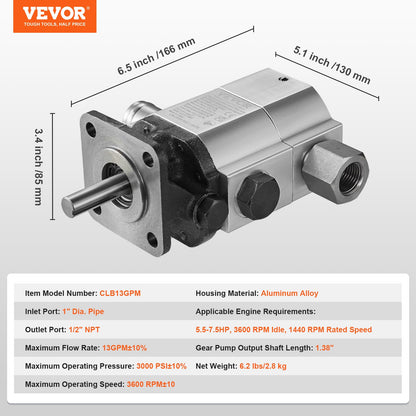 Hydraulisk vedklyvningspump, 13GPM, 2-stegs 3000PSI vedklyvpump, 1'' Inlopp 1/2'' NPT-utlopp 3600 RPM Hydraulisk växelpump i aluminium, för små motormontering vedklyvare Snöplog