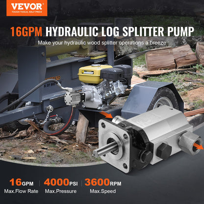 Hydraulisk vedklyvningspump, 16GPM, 2-stegs 4000PSI vedklyvpump, 1'' Inlopp 1/2'' NPT-utlopp 3600 rpm Hydraulisk växelpump i aluminium, för små motormontering vedklyvare Snöplog