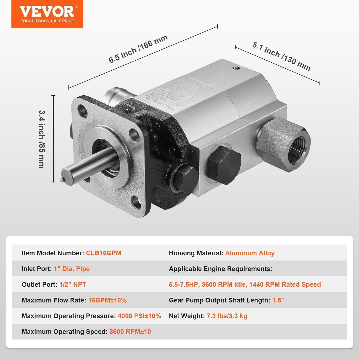 Hydraulisk vedklyvningspump, 16GPM, 2-stegs 4000PSI vedklyvpump, 1'' Inlopp 1/2'' NPT-utlopp 3600 rpm Hydraulisk växelpump i aluminium, för små motormontering vedklyvare Snöplog