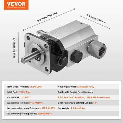 Hydraulisk vedklyvningspump, 16GPM, 2-stegs 4000PSI vedklyvpump, 1'' Inlopp 1/2'' NPT-utlopp 3600 rpm Hydraulisk växelpump i aluminium, för små motormontering vedklyvare Snöplog