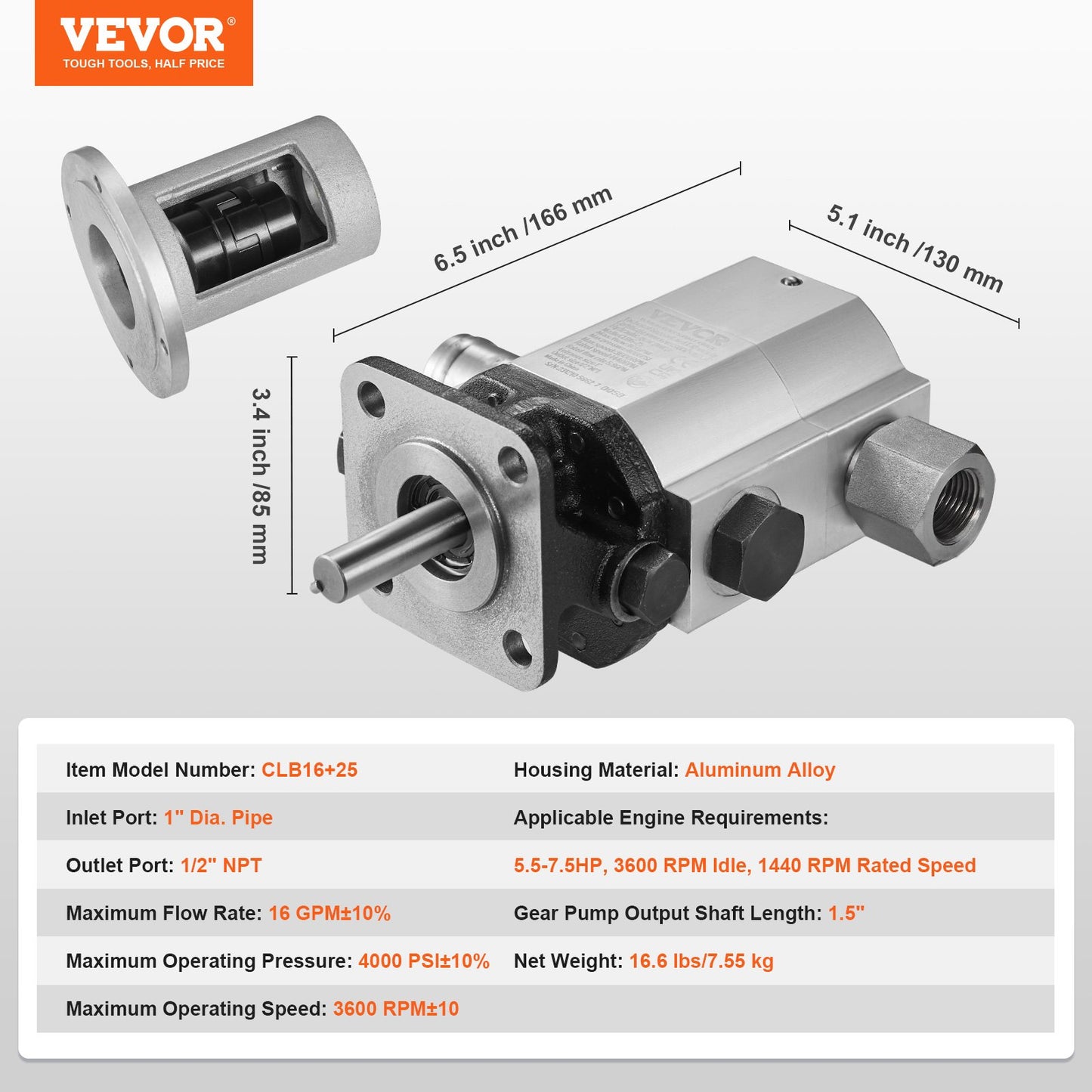 Hydraulisk vedklyvpumpsats, 16 GPM, 2-stegs 4000 PSI aluminiumhydraulisk kugghjulspump, med ventil 1'' inlopp 1/2'' NPT-utlopp 3600 rpm, för små motormonterade stockklyvar