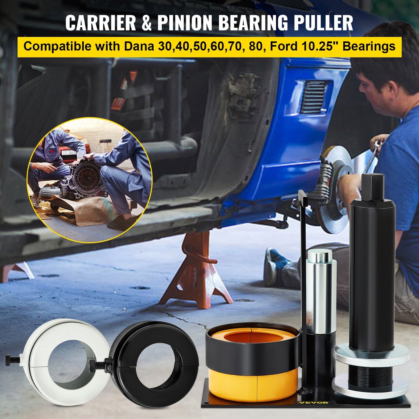 Carrier & Pinion Bearing Avdragare, kompatibel med Dana 30,40,50,60,70, 80, Ford 10,25" kullager, Pinion Puller Tool med 3 Clamshells, 45# stål Clamshell Bearing Avdragare för bilreparation