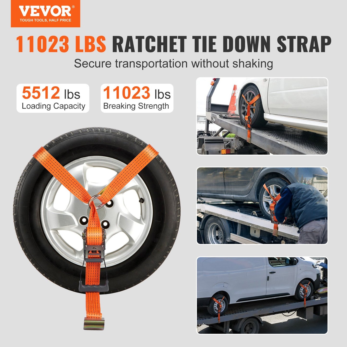 Car Tie Down Straps Kit, Lasso Style 2" x 120" däckremmar, 5512 LBS arbetsbelastning, 11023 LBS Brottstyrka, med platta krokar för personbil, ATV, motorcykel, skåpbil, SUV, UTV, släp, 4-pack