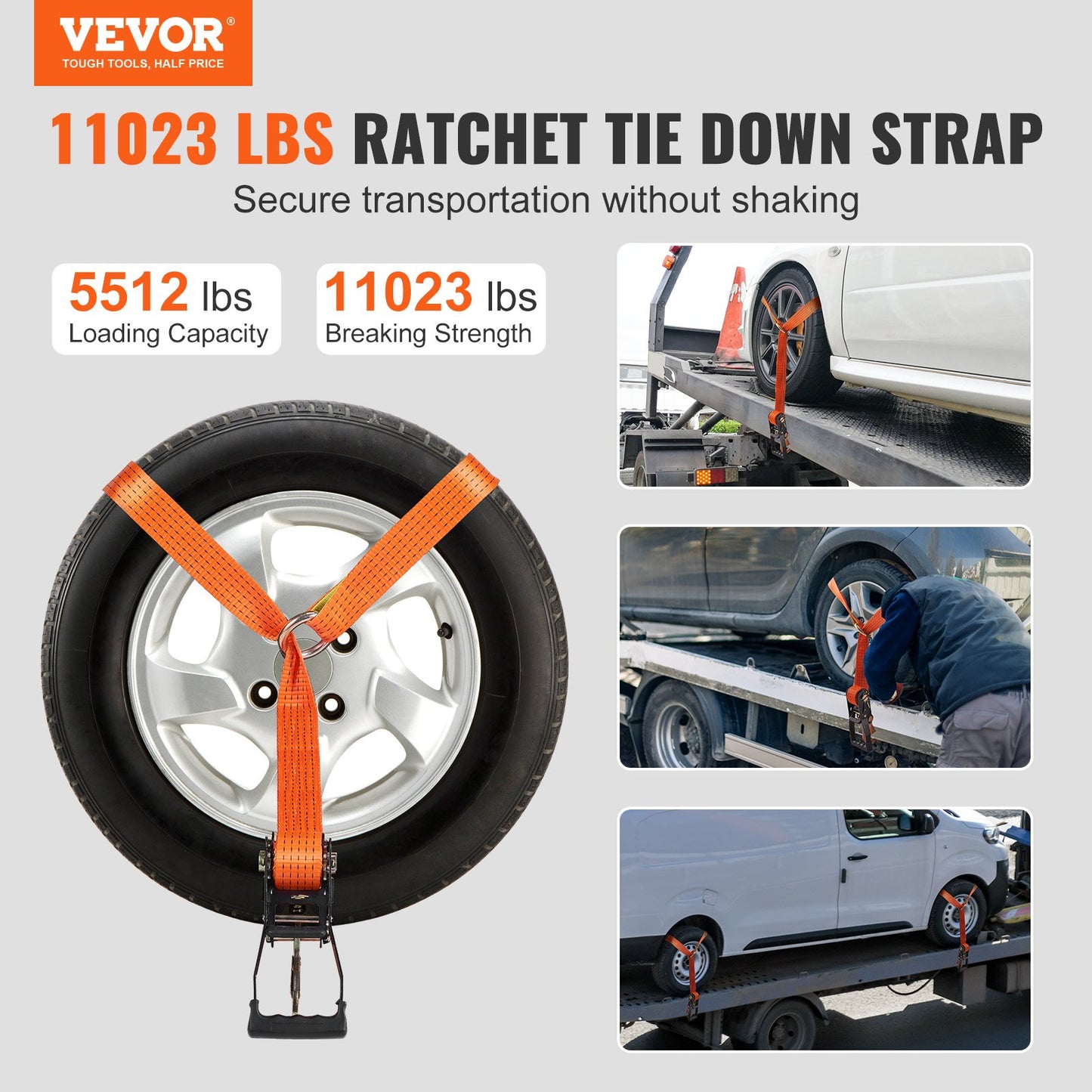 Ratchet Tie Down Straps Kit, Lasso Style 2" x 120" Tire Straps, 5512 LBS Working Load, 11023 LBS Breaking Strength, Car Tie Down Straps with Hooks for Car, Truck, Trailer, 4-Pack
