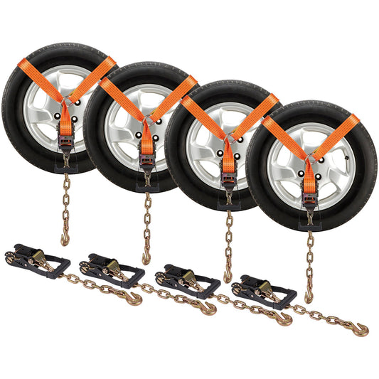 Car Tie Down med kedjeförankringar, Lasso Style 2"×120" däckband, 5865 LBS arbetsbelastning, 11023 LBS Brottstyrka, med kraftiga spärrar för personbil, ATV, SUV, UTV, Lastbil, 4-pack