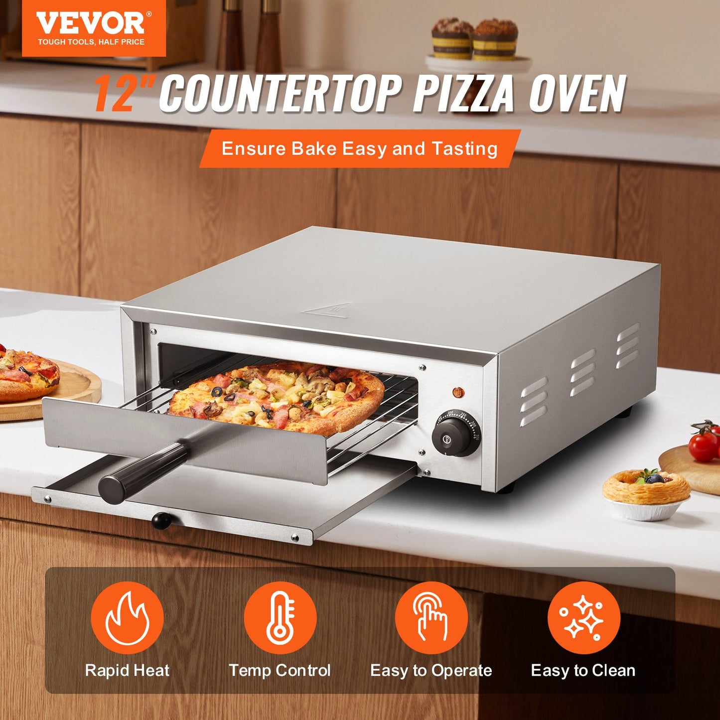 Elektrischer Pizzaofen, 12 Zoll, 1500 W, Temperaturbereich 122–662 °F, herausnehmbare Krümelschublade