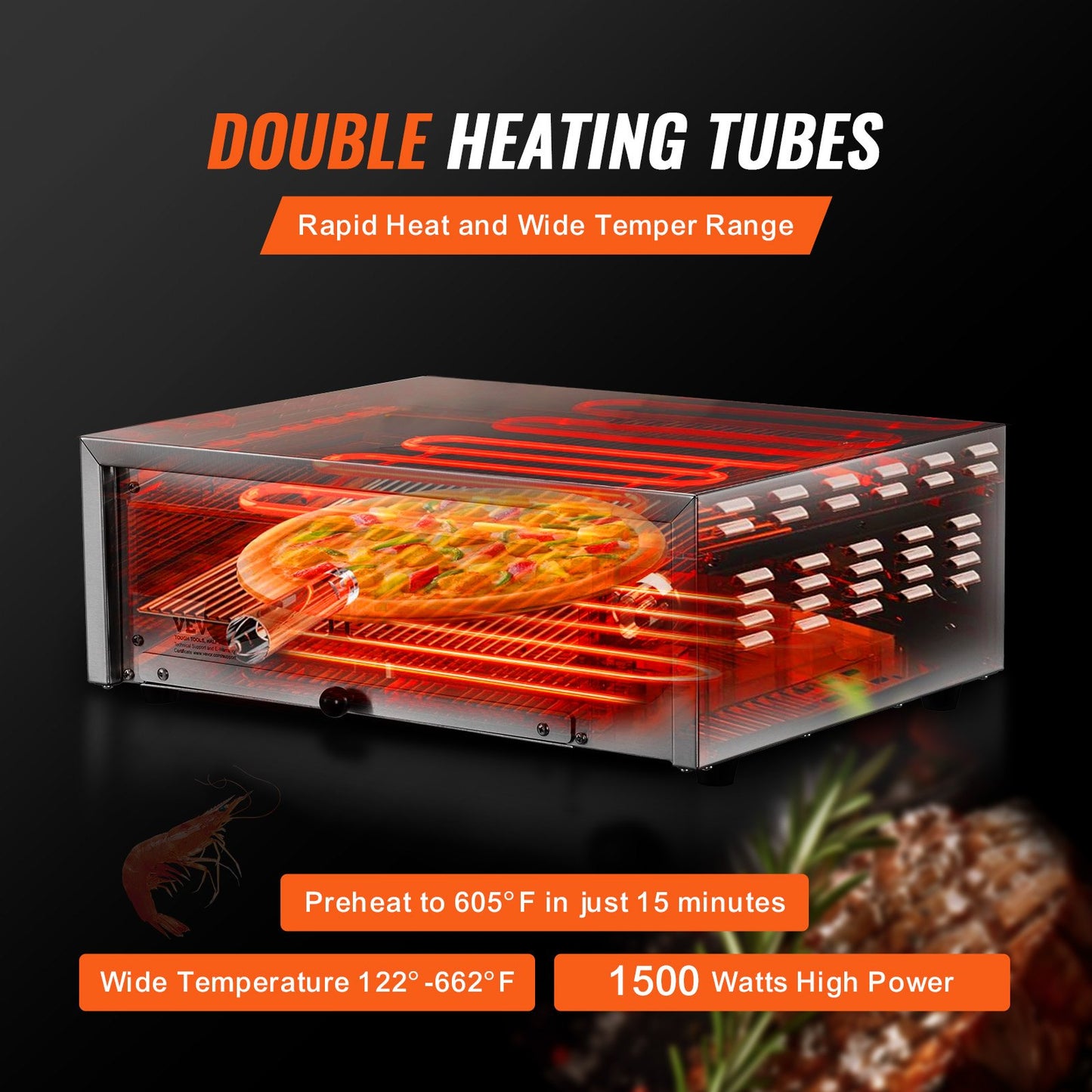 Elektrischer Pizzaofen, 12 Zoll, 1500 W, Temperaturbereich 122–662 °F, herausnehmbare Krümelschublade