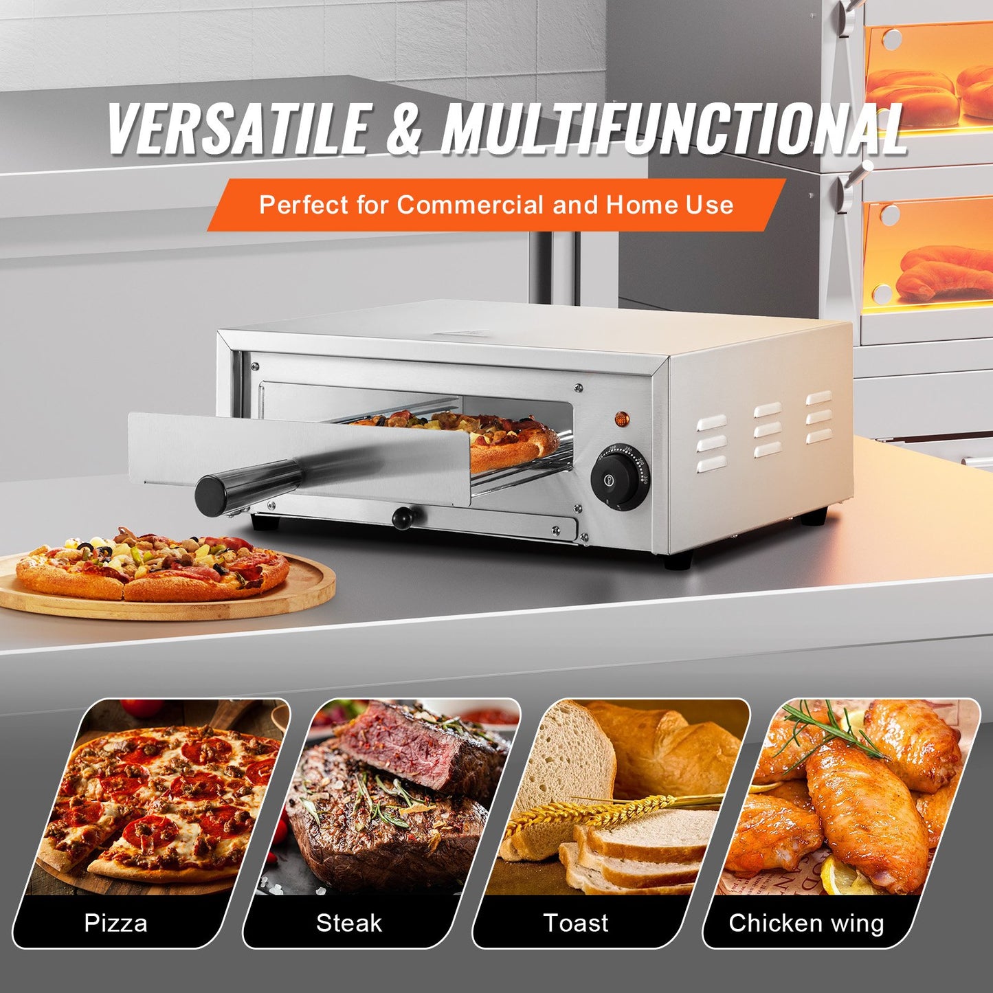 Elektrischer Pizzaofen, 12 Zoll, 1500 W, Temperaturbereich 122–662 °F, herausnehmbare Krümelschublade
