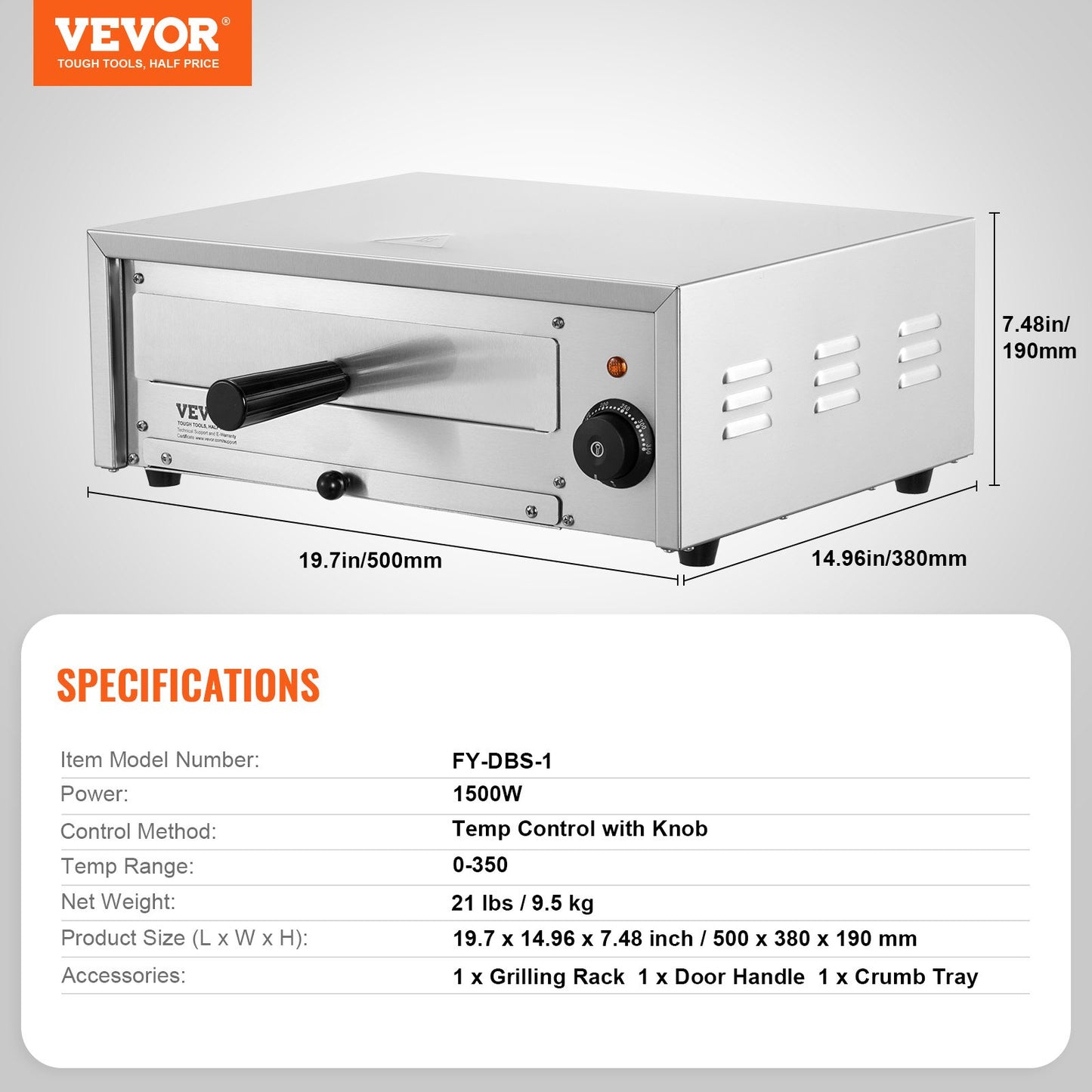 Elektrischer Pizzaofen, 12 Zoll, 1500 W, Temperaturbereich 122–662 °F, herausnehmbare Krümelschublade