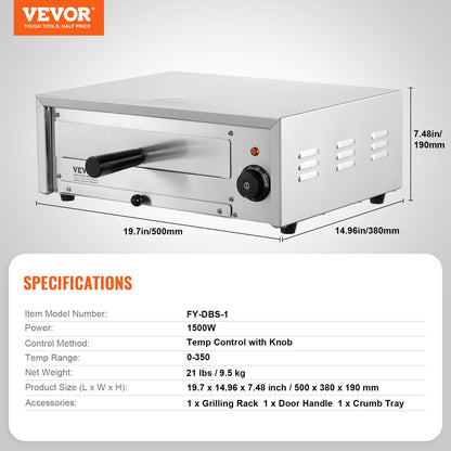 Elektrischer Pizzaofen, 12 Zoll, 1500 W, Temperaturbereich 122–662 °F, herausnehmbare Krümelschublade