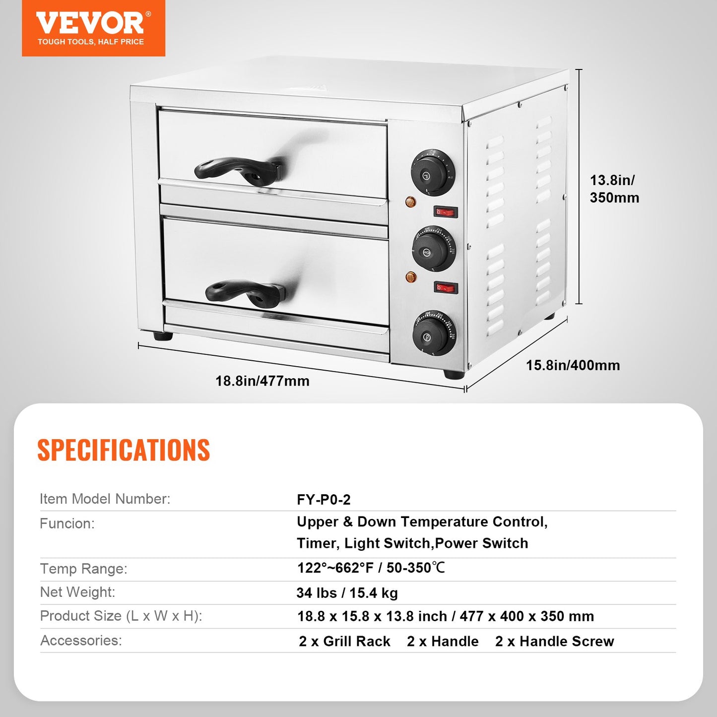 Elektrisk bänkskiva pizzaugn 12" Justerbar temperatur 0-120min timer